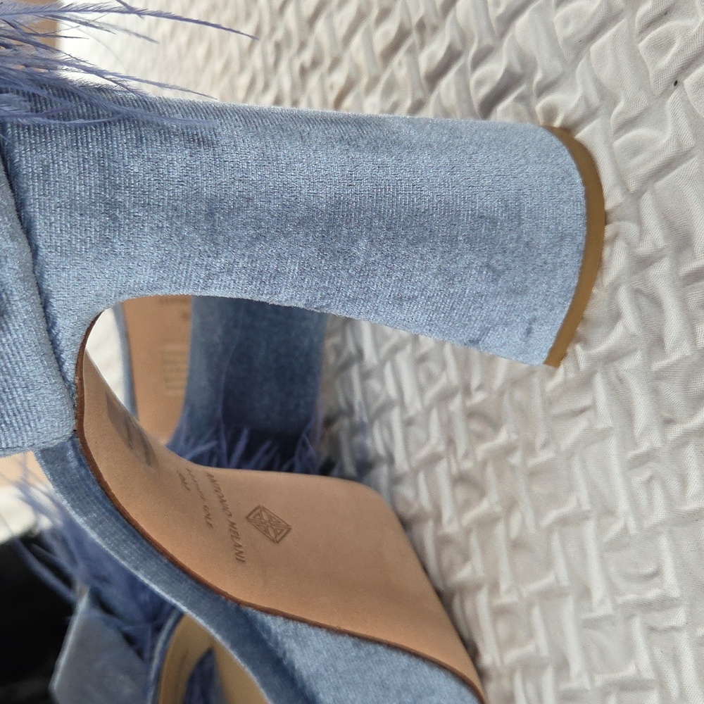 Antonio Melani Womans Powder Blue Platforms  9 Ostrich Feathers Leather Velvet - Picture 9 of 12